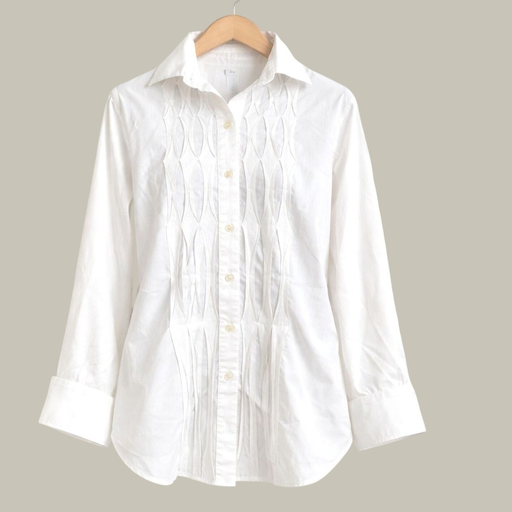Paperwhite White Pintuck Lattice Button Down Shirt Stretch Cotton Blouse 10